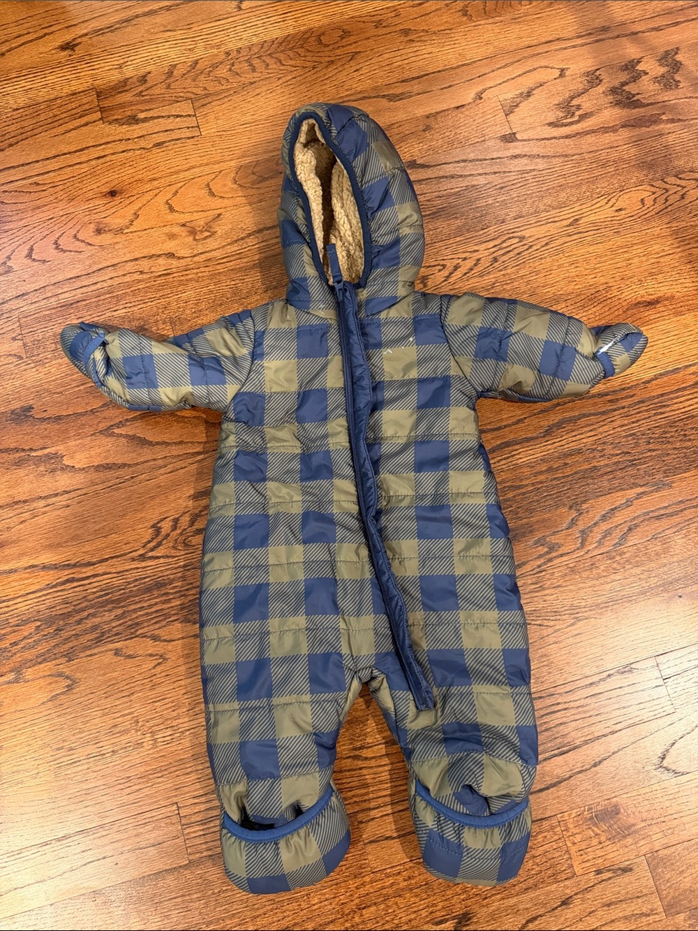Eddie Bauer Navy and Olive Plaid Infant One-Piece Snowsuit